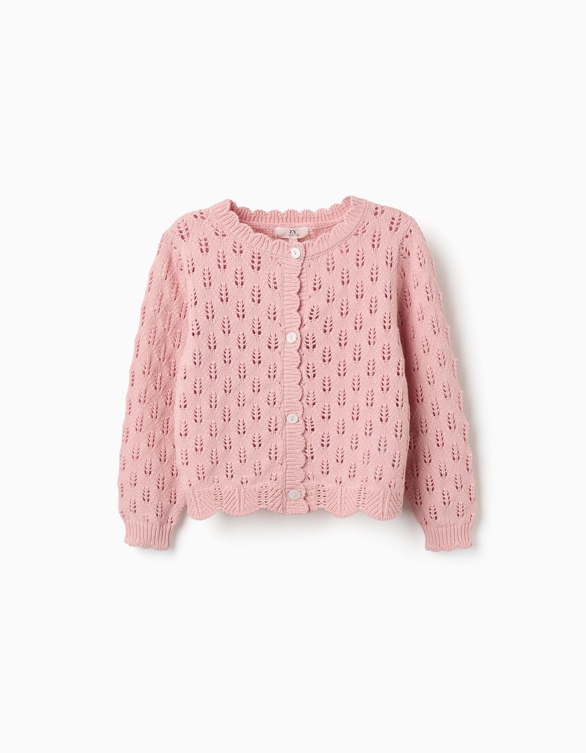 Cotton openwork cardigan with scalloped ends for girls, pink