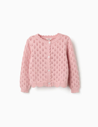 Casaco de malha ajurada com recortes para menina, rosa