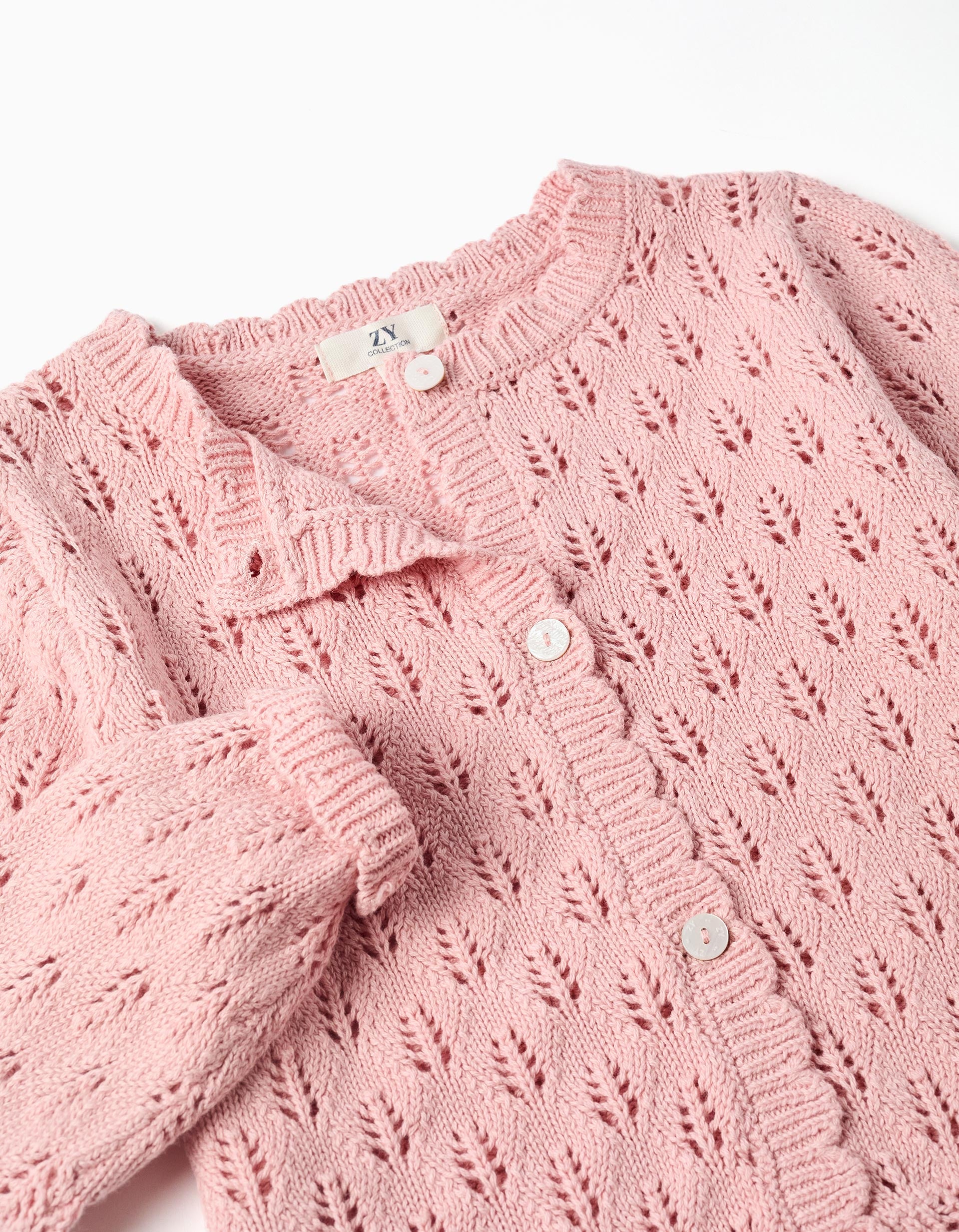 Cotton openwork cardigan with scalloped ends for girls, pink