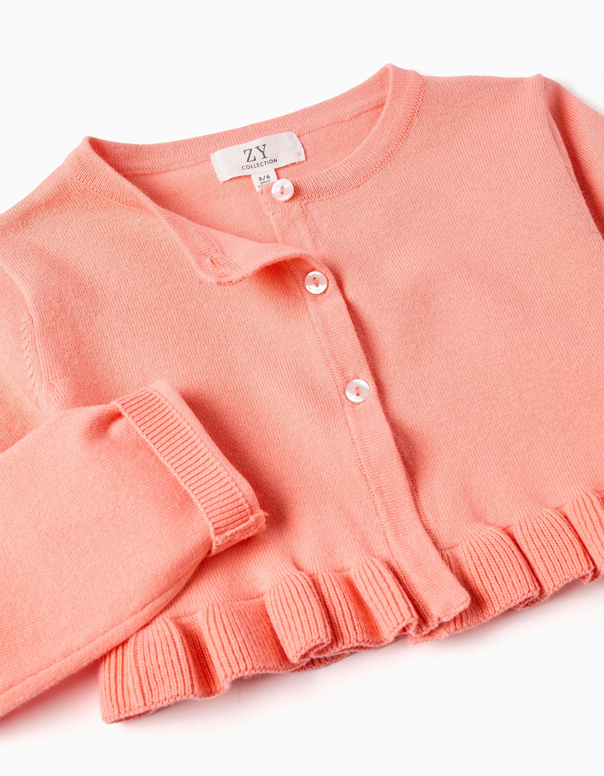 Cárdigan corto de punto con volantes para niña, coral claro