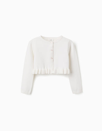 Casaco de malha curto com folhos para menina, branco