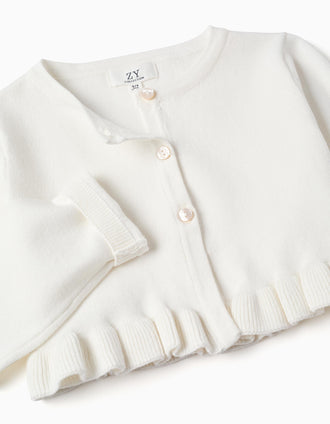 Casaco de malha curto com folhos para menina, branco