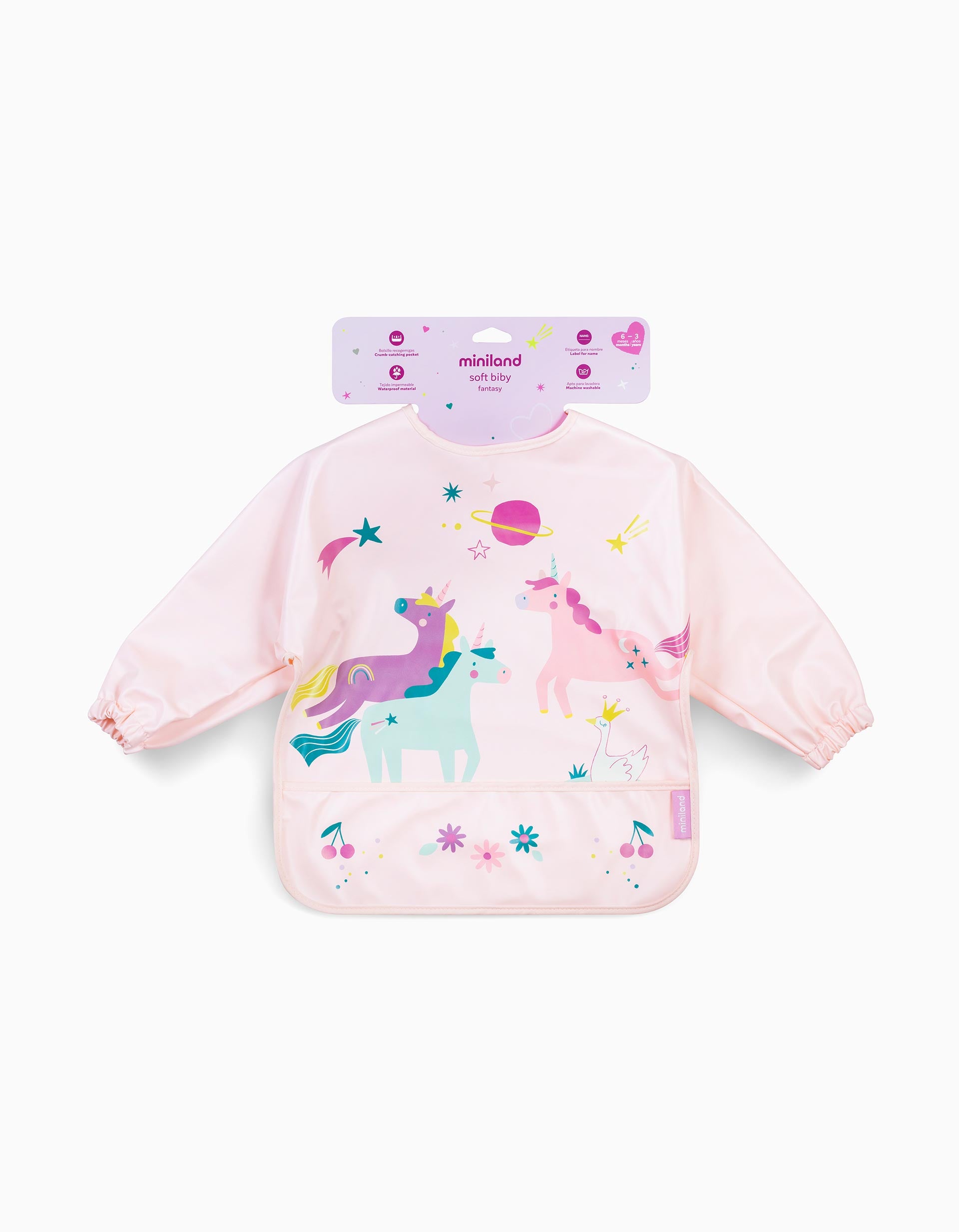 Fantasy Waterproof Soft Bib with Sleeves and Pocket by Miniland