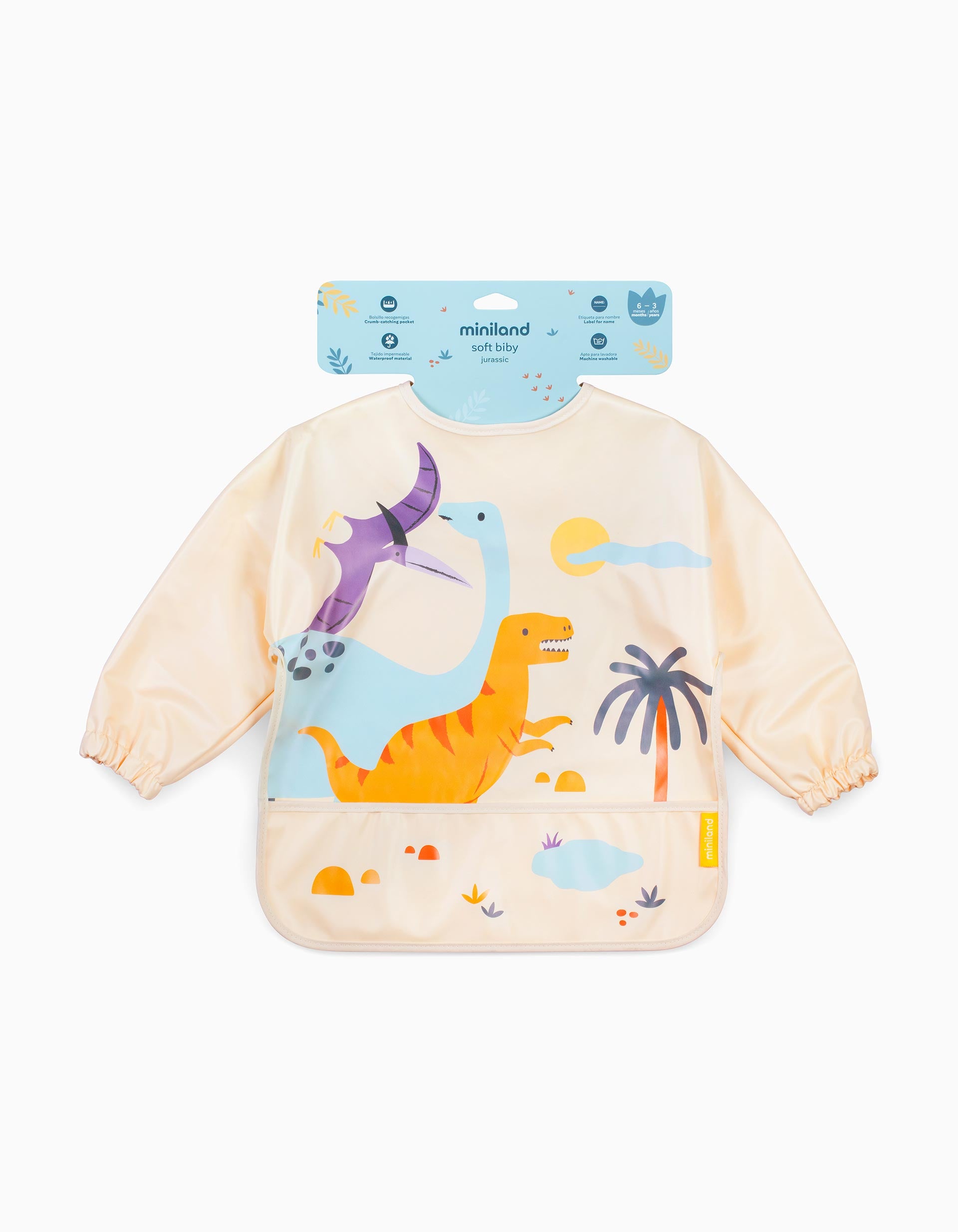 Jurassic Waterproof Soft Bib with Sleeves and Pocket by Miniland