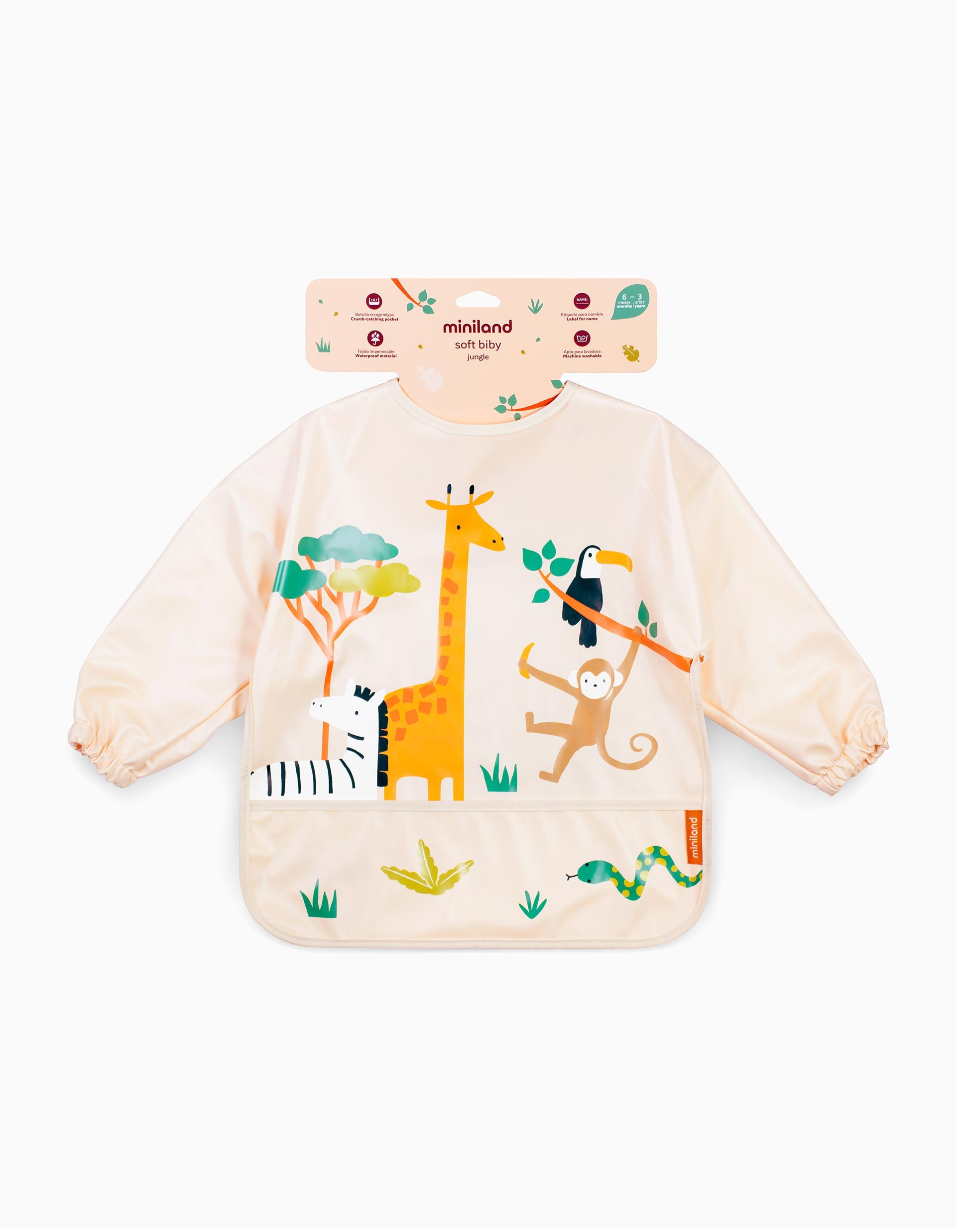 Jungle Waterproof Soft Bib with Sleeves and Pocket by Miniland