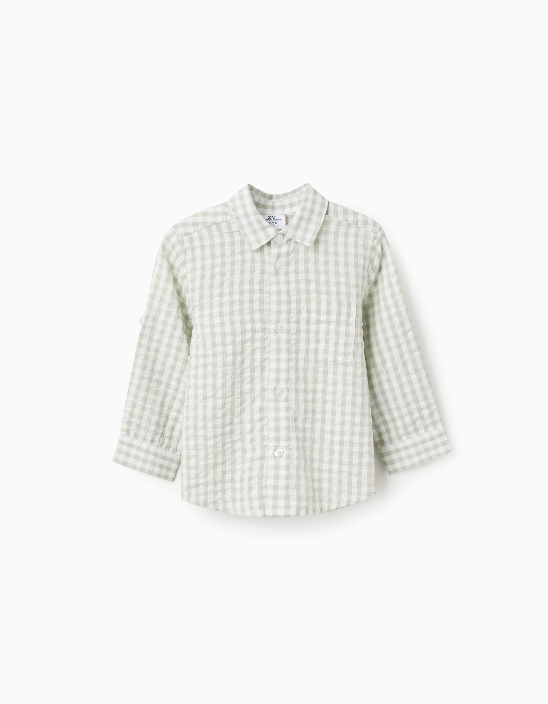 Camisa de algodão com padrão Vichy B&S para bebé menino, branco/verde