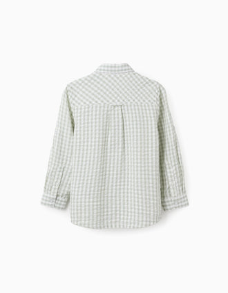 Long sleeve cotton shirt with Vichy pattern B&S for boys, white/green