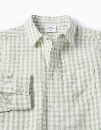 Long sleeve cotton shirt with Vichy pattern B&S for boys, white/green