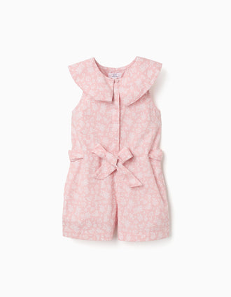 Macacão em popelina com padrão floral e cinto para menina, rosa-claro