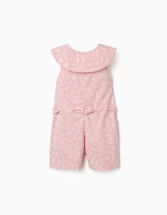 Macacão em popelina com padrão floral e cinto para menina, rosa-claro