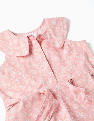 Macacão em popelina com padrão floral e cinto para menina, rosa-claro