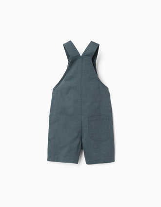 Jardineiras em linho e algodão com bolsos para bebé menino, azul-cinza