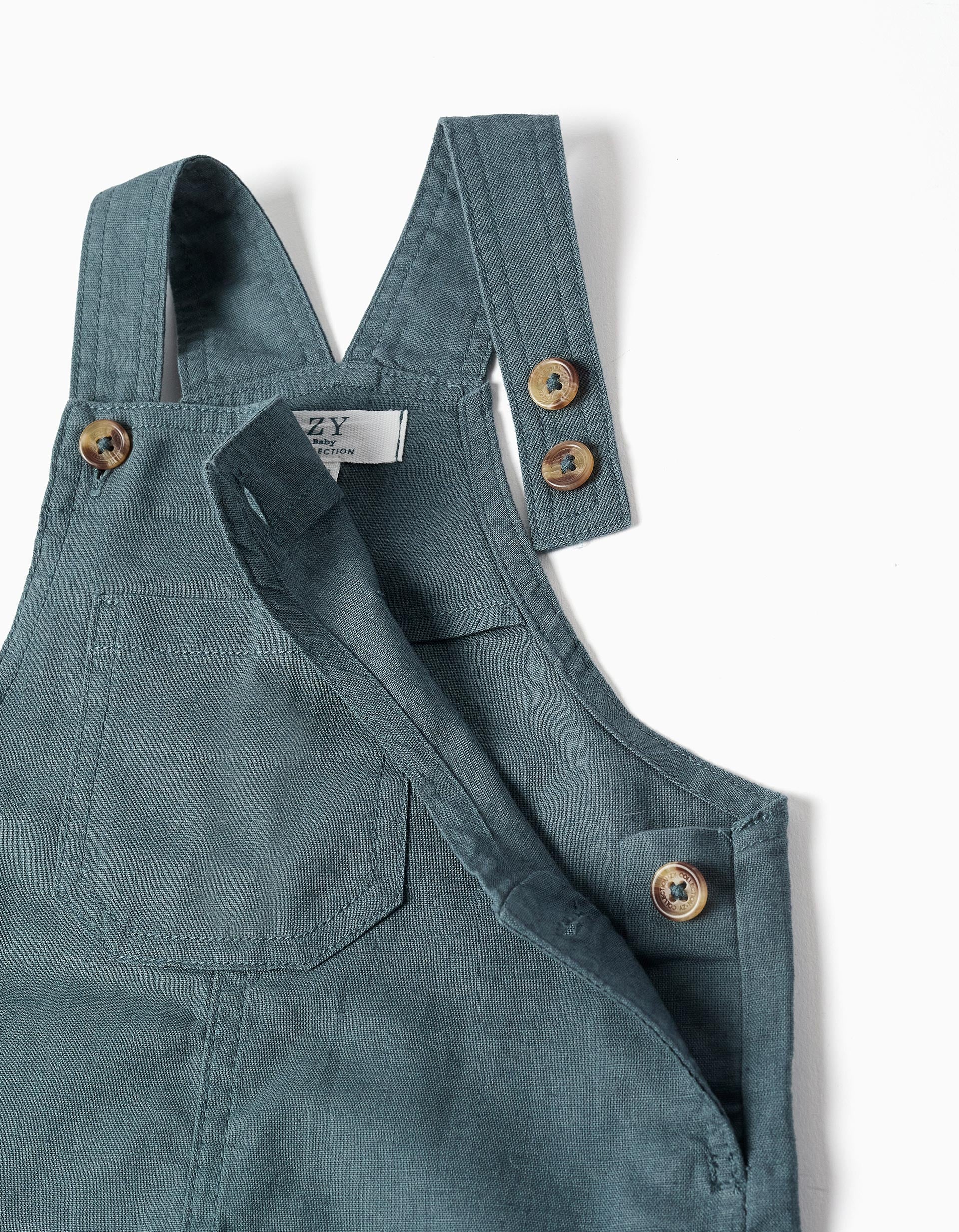 Peto en lino y algodón con bolsillos para bebé niño, azul grisáceo