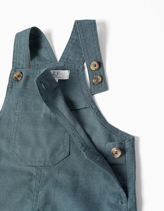 Jardineiras em linho e algodão com bolsos para bebé menino, azul-cinza