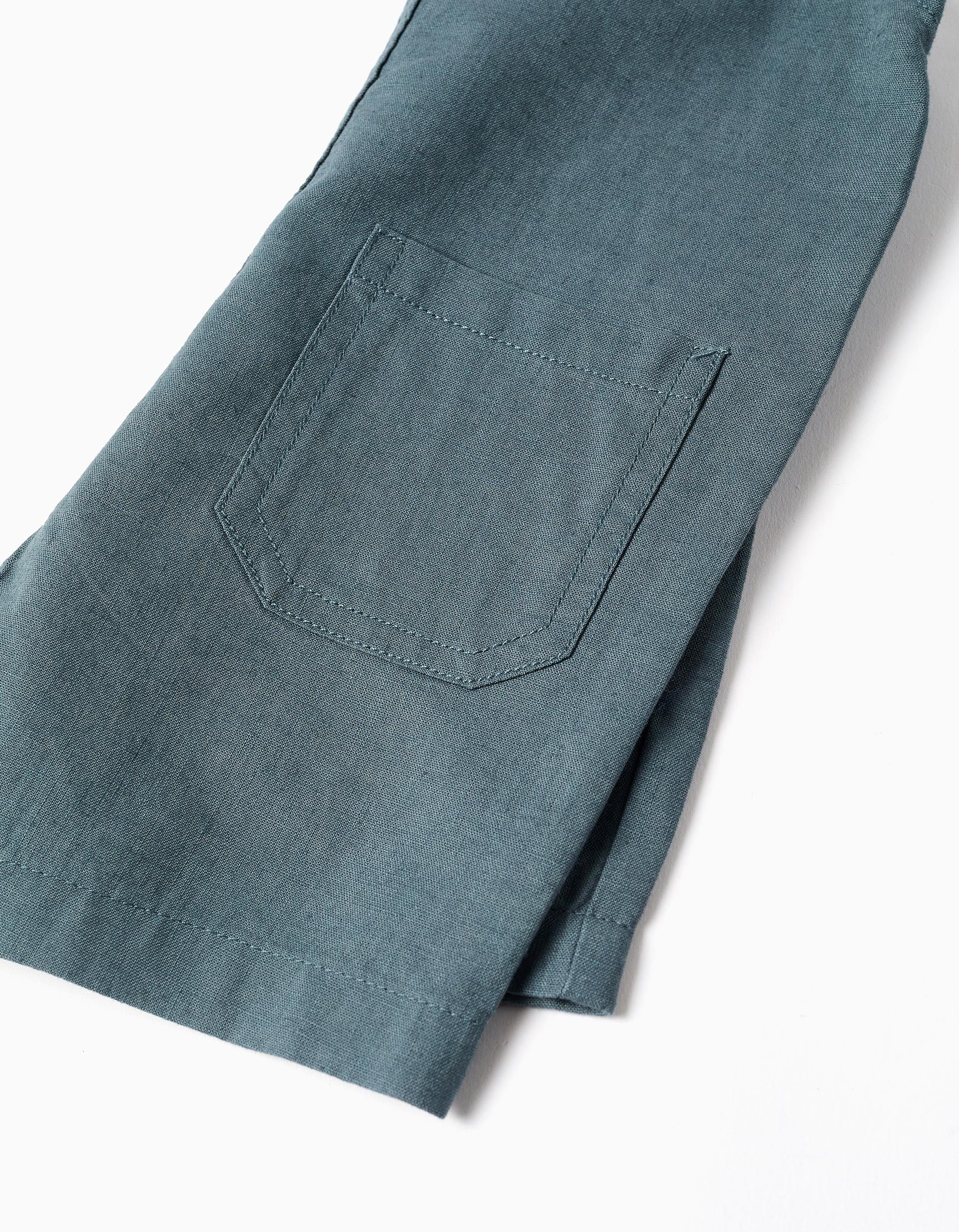 Peto en lino y algodón con bolsillos para bebé niño, azul grisáceo