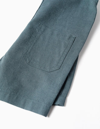 Jardineiras em linho e algodão com bolsos para bebé menino, azul-cinza