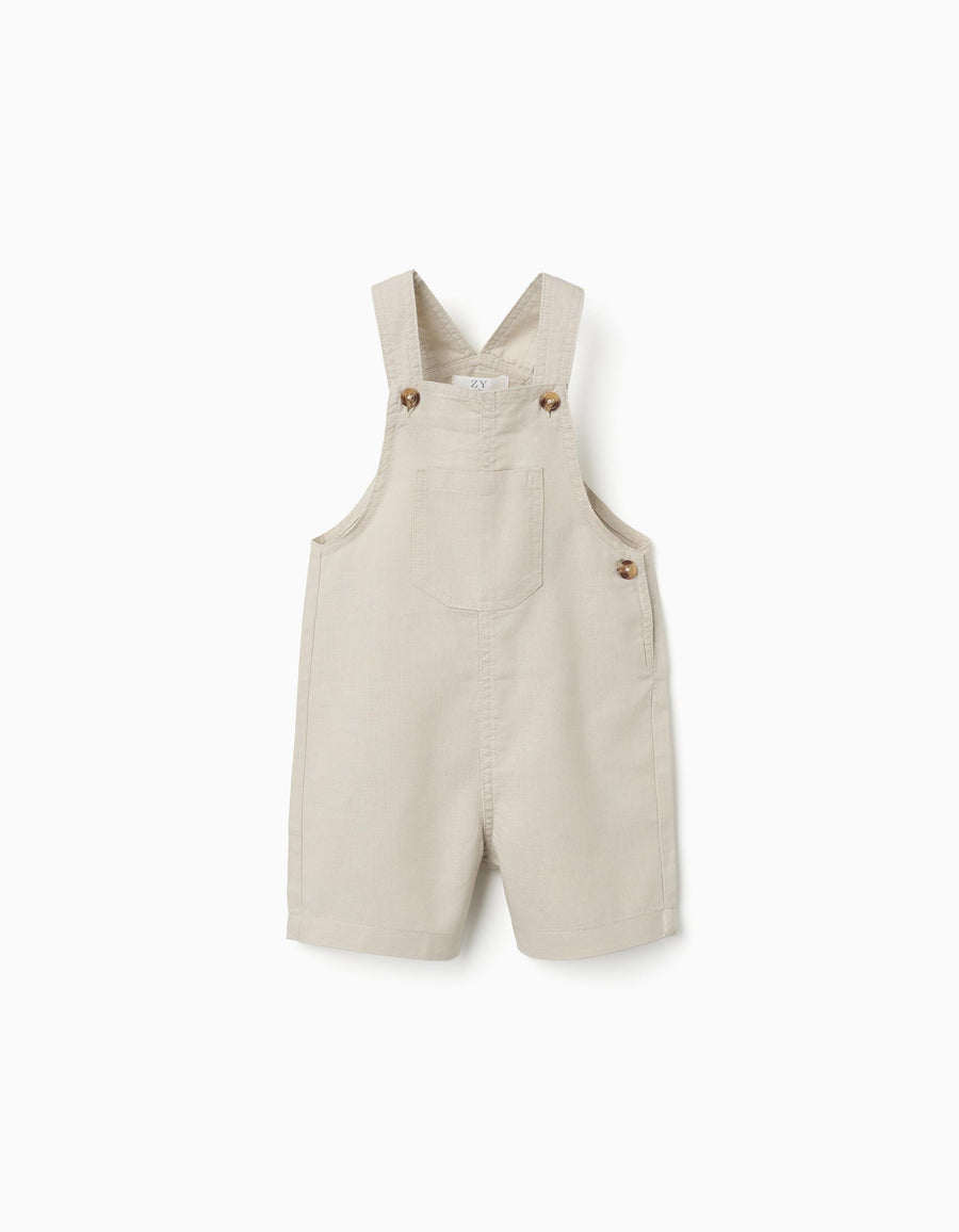 Dungarees in linen and cotton with pockets for baby boys, light beige