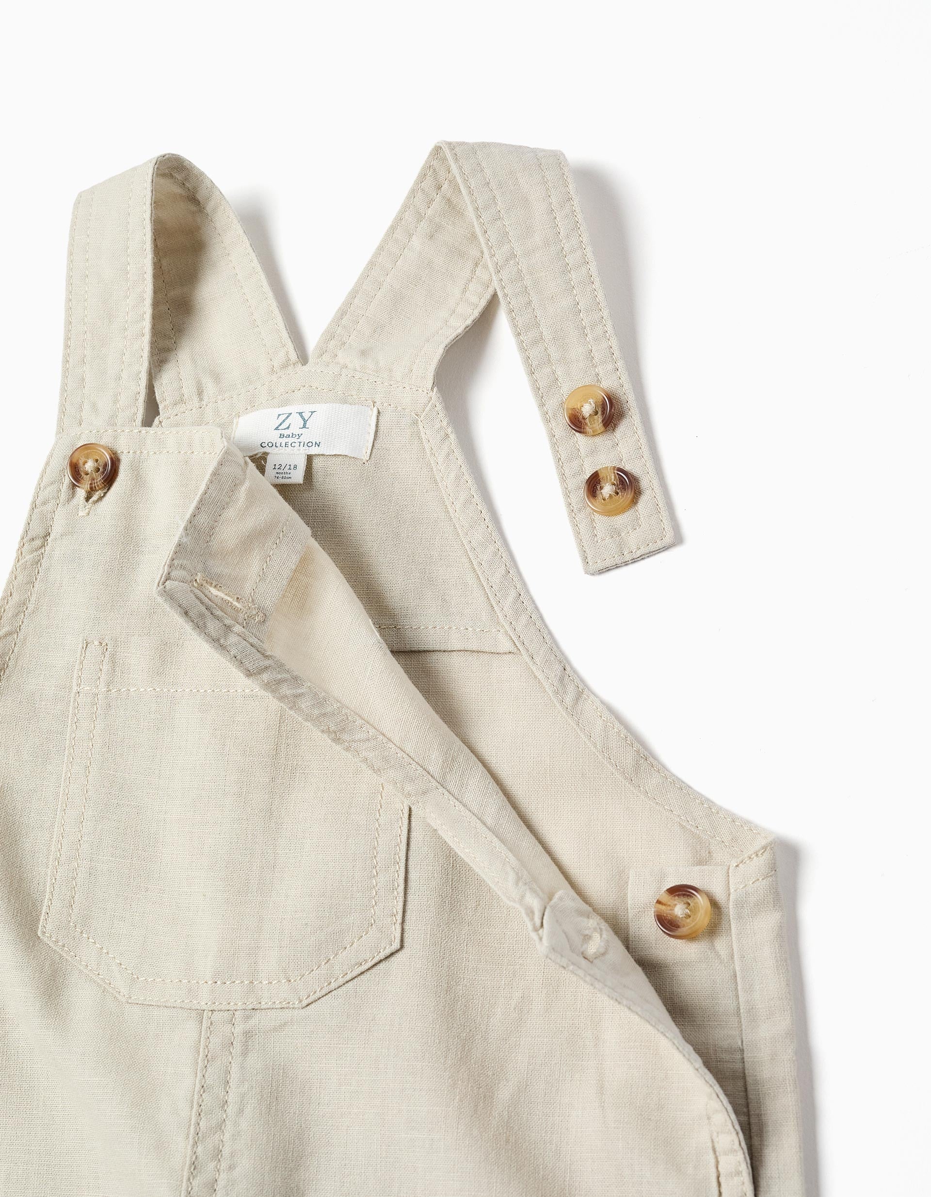 Peto en lino y algodón con bolsillos para bebé niño, beige claro