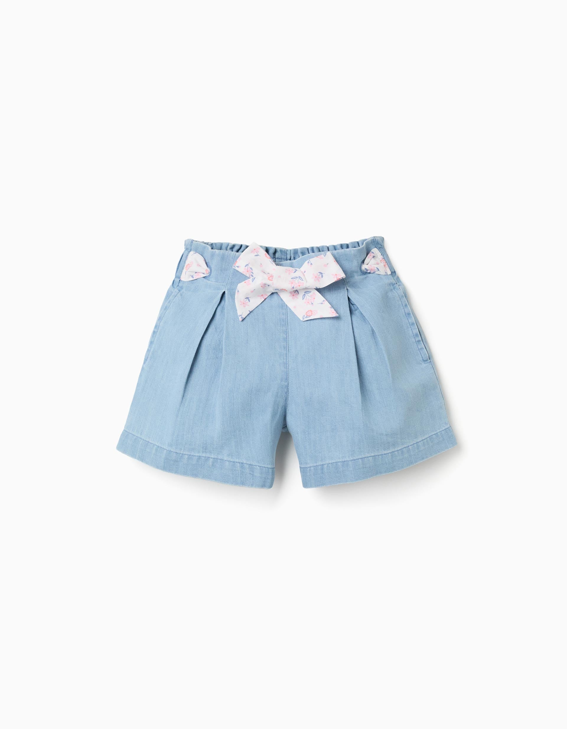 Short en jean avec ceinture fleurie pour fille, bleu clair