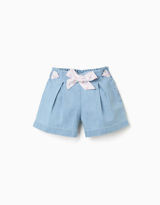 Short vaquero con cinturón floral y cintura paperbag para niña, azul