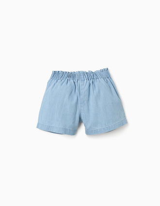 Short vaquero con cinturón floral y cintura paperbag para niña, azul