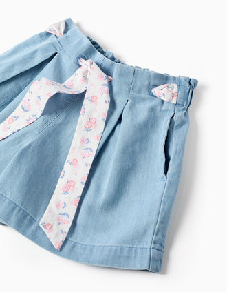 Short vaquero con cinturón floral y cintura paperbag para niña, azul
