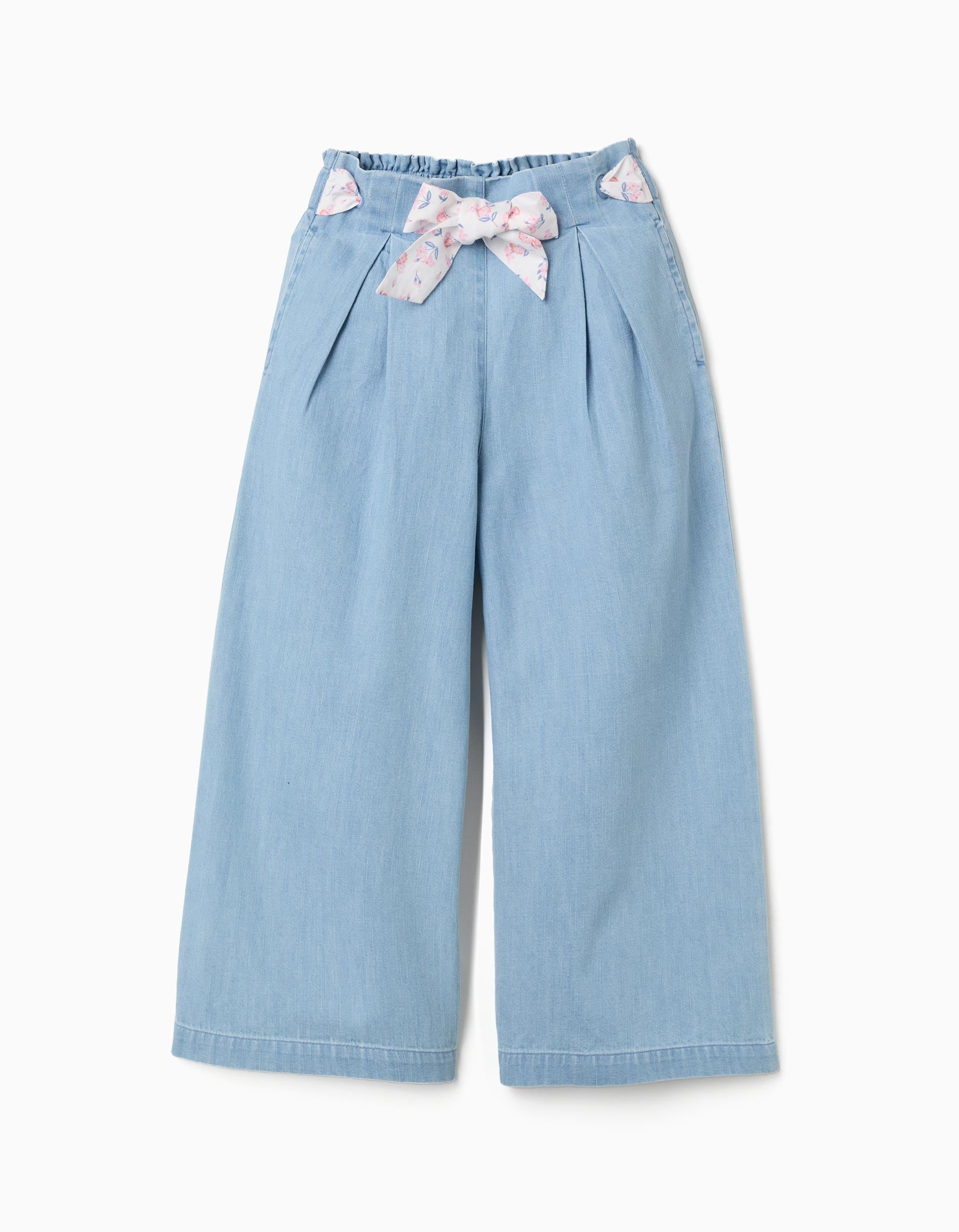 Pantalon en jean avec ceinture fleurie pour fille, bleu clair
