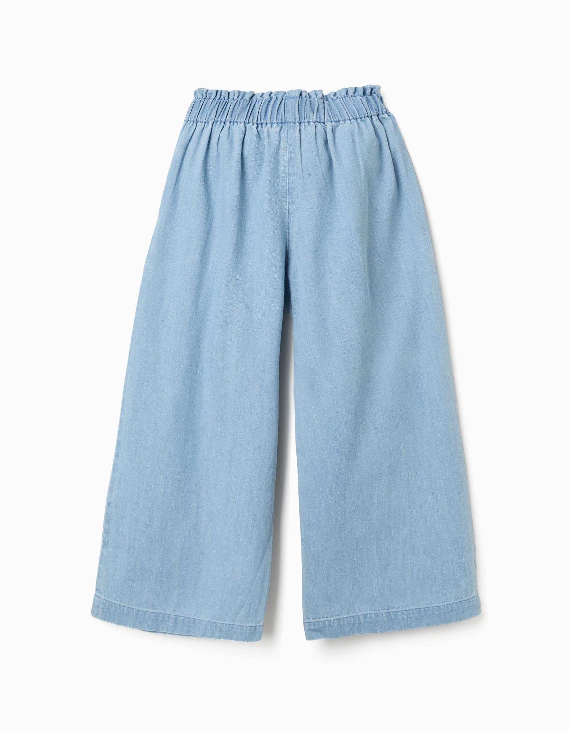 Pantalon en jean avec ceinture fleurie pour fille, bleu clair