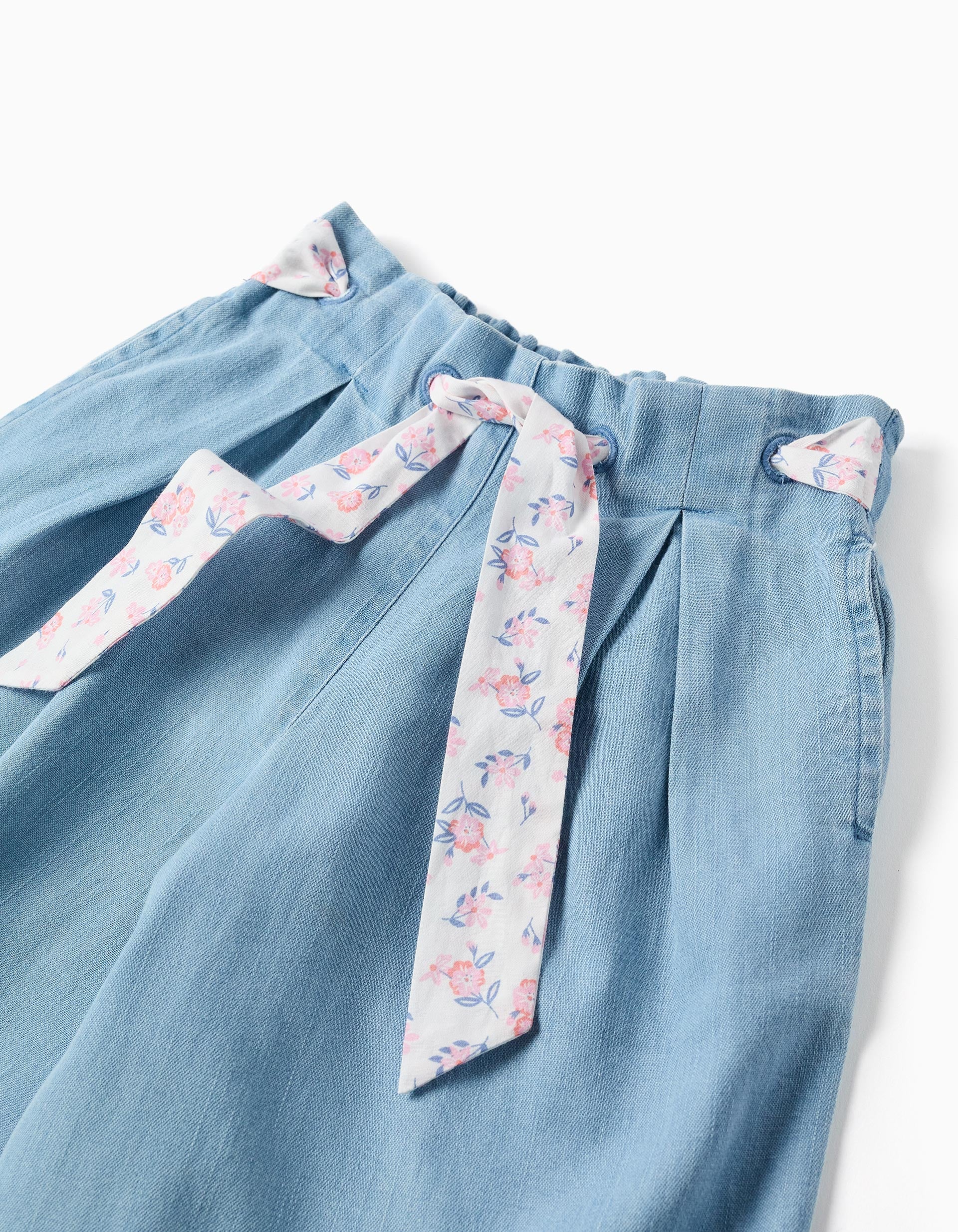 Pantalon en jean avec ceinture fleurie pour fille, bleu clair