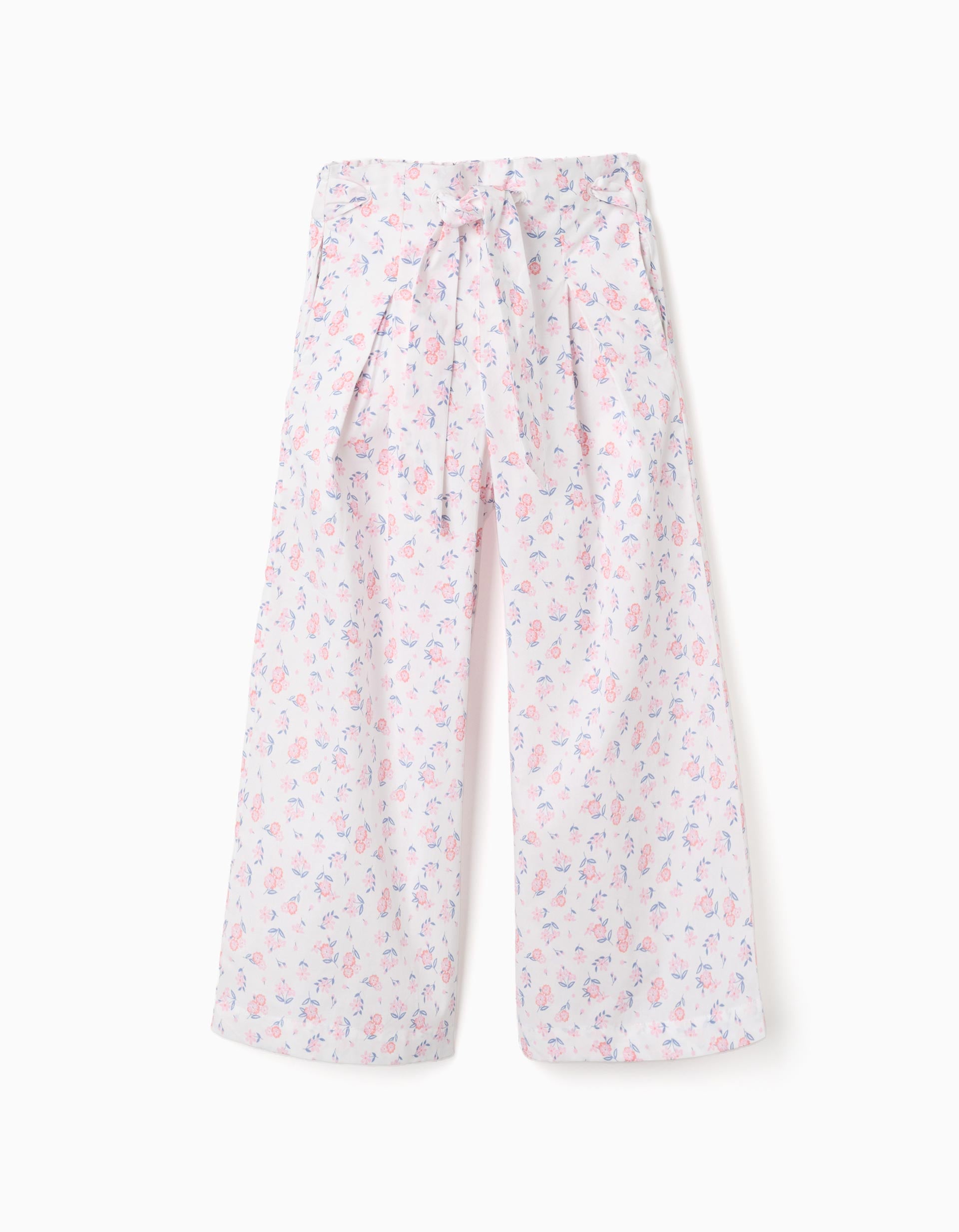 Pantalon en popeline à jambe large et motif floral pour fille, blanc/rose