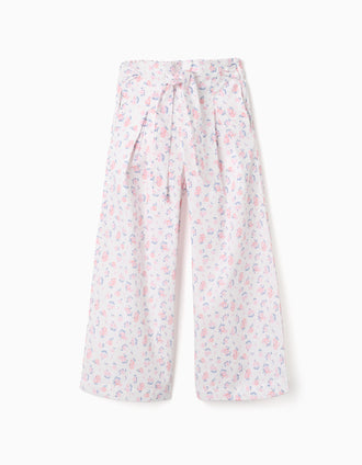 Calças em popelina wide leg com padrão floral para menina, branco/rosa
