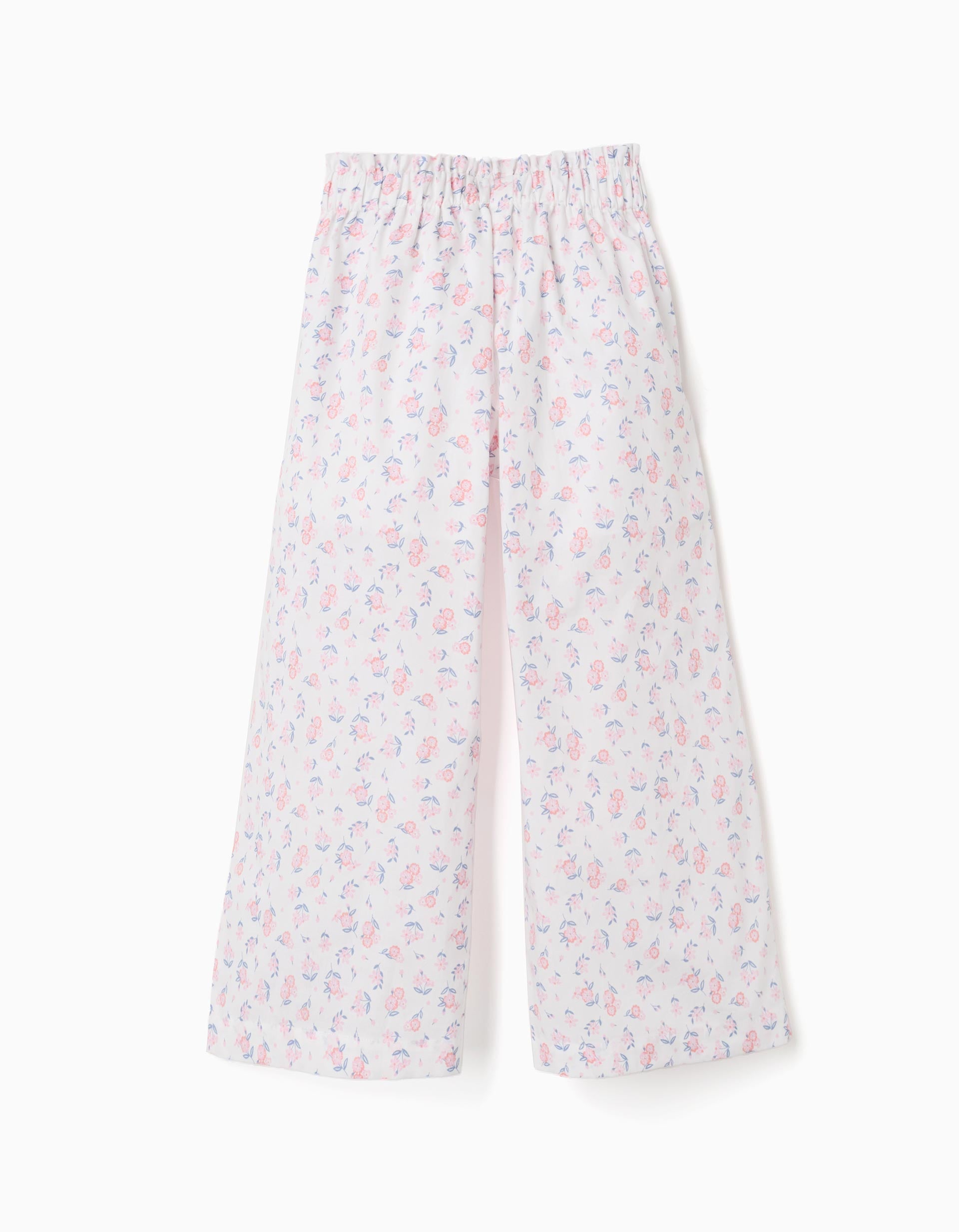 Pantalon en popeline à jambe large et motif floral pour fille, blanc/rose
