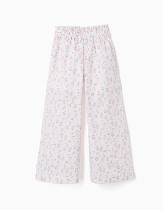 Calças em popelina wide leg com padrão floral para menina, branco/rosa