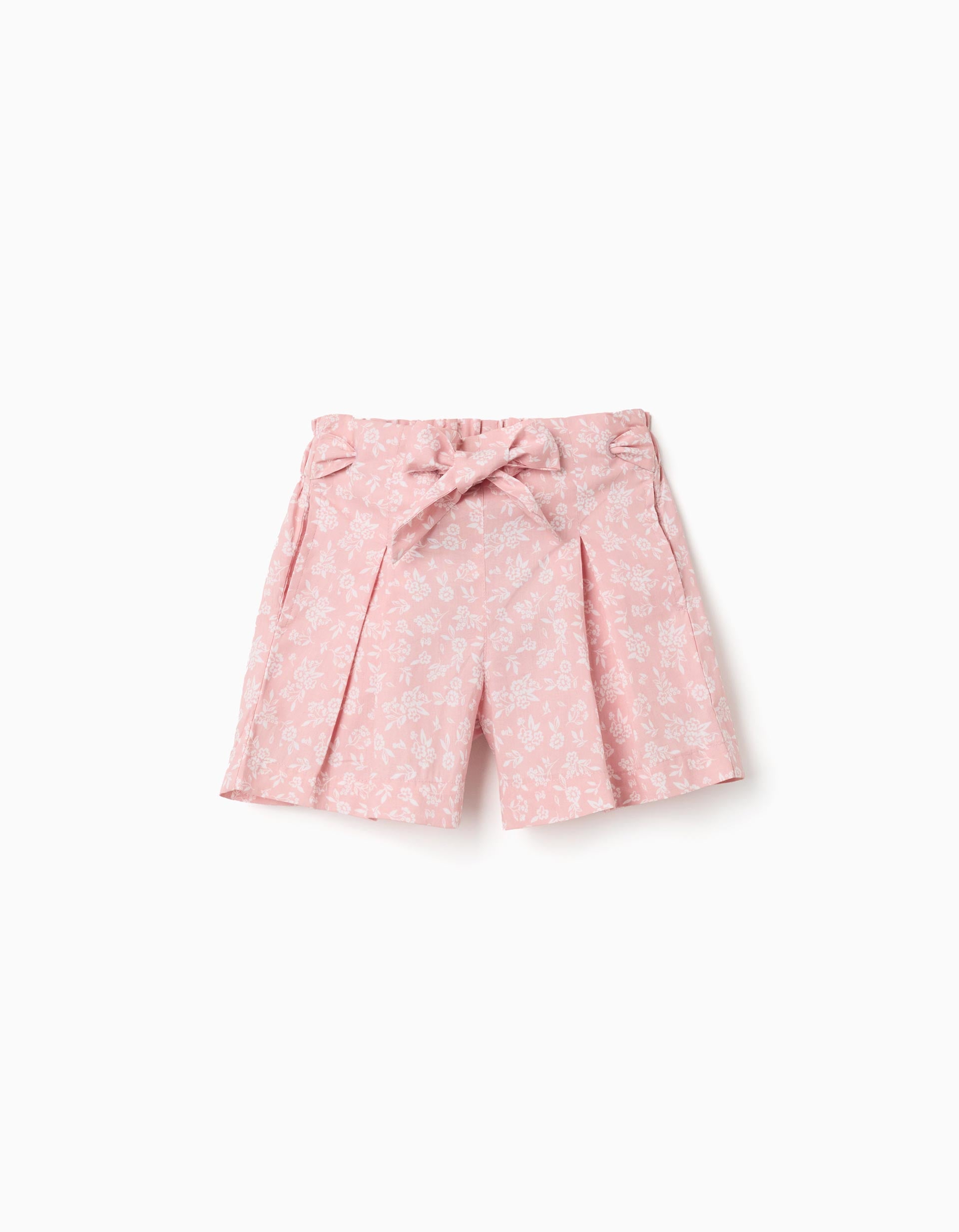 Short en popeline à motif floral et ceinture pour fille, rose clair