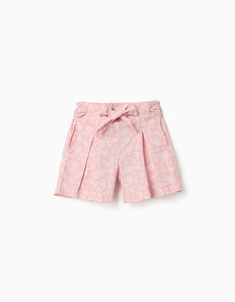 Poplin shorts with floral pattern and belt for girls, light pink