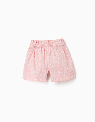 Poplin shorts with floral pattern and belt for girls, light pink