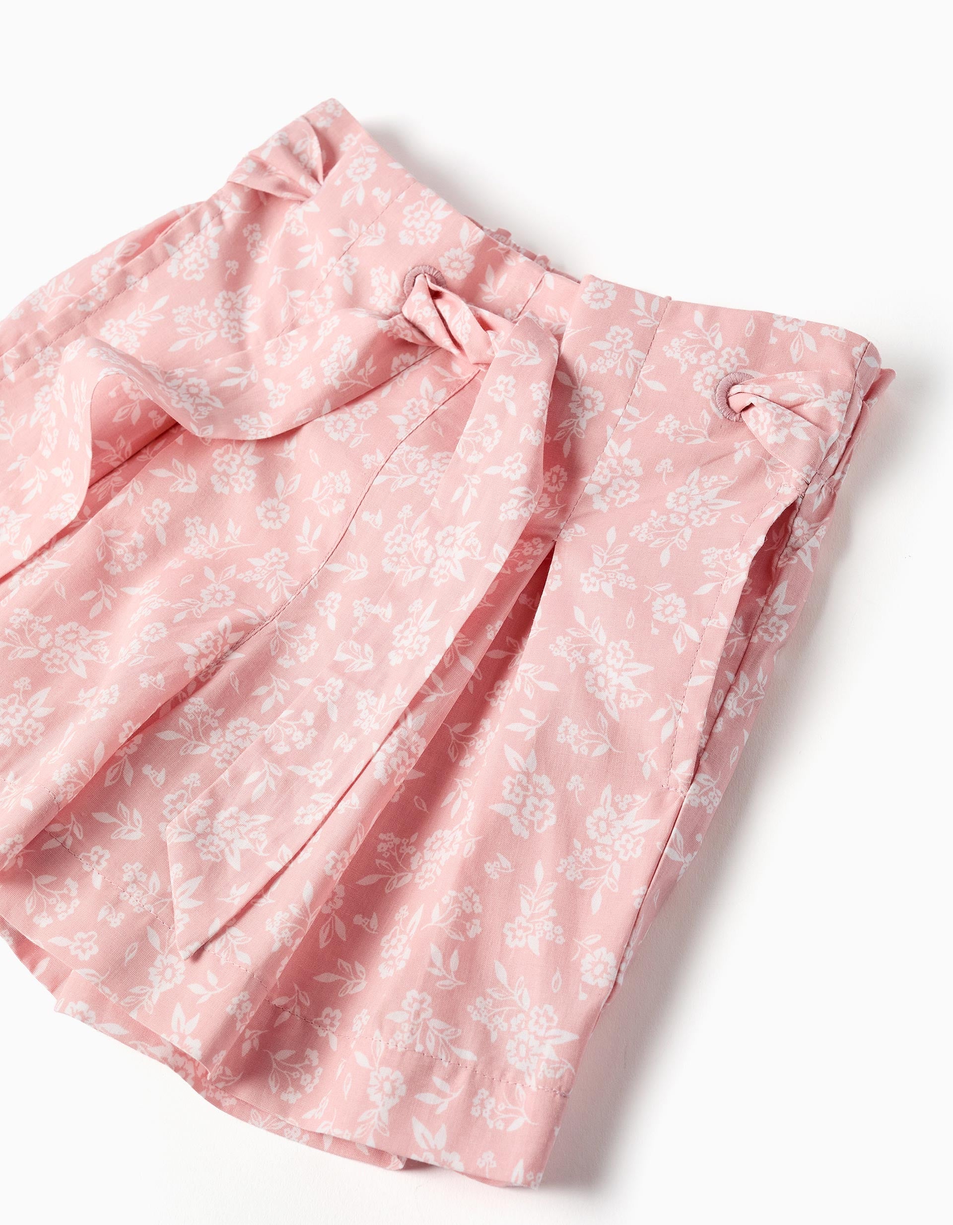 Short en popeline à motif floral et ceinture pour fille, rose clair