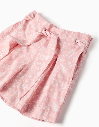 Poplin shorts with floral pattern and belt for girls, light pink