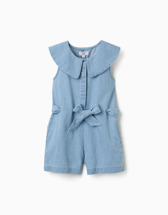 Macacão curto de ganga sem mangas com cinto para menina, azul-claro