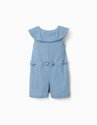 Macacão curto de ganga sem mangas com cinto para menina, azul-claro