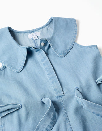 Macacão curto de ganga sem mangas com cinto para menina, azul-claro