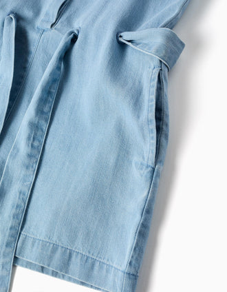 Macacão curto de ganga sem mangas com cinto para menina, azul-claro
