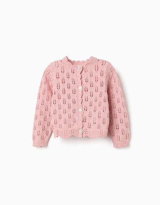 Cotton openwork cardigan with scalloped ends for baby girls, pink