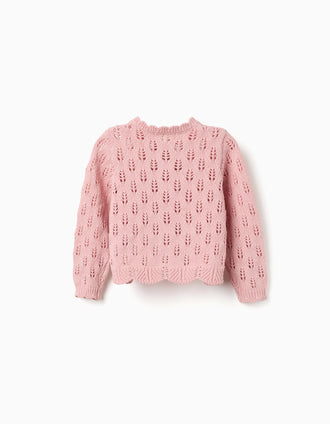 Cotton openwork cardigan with scalloped ends for baby girls, pink