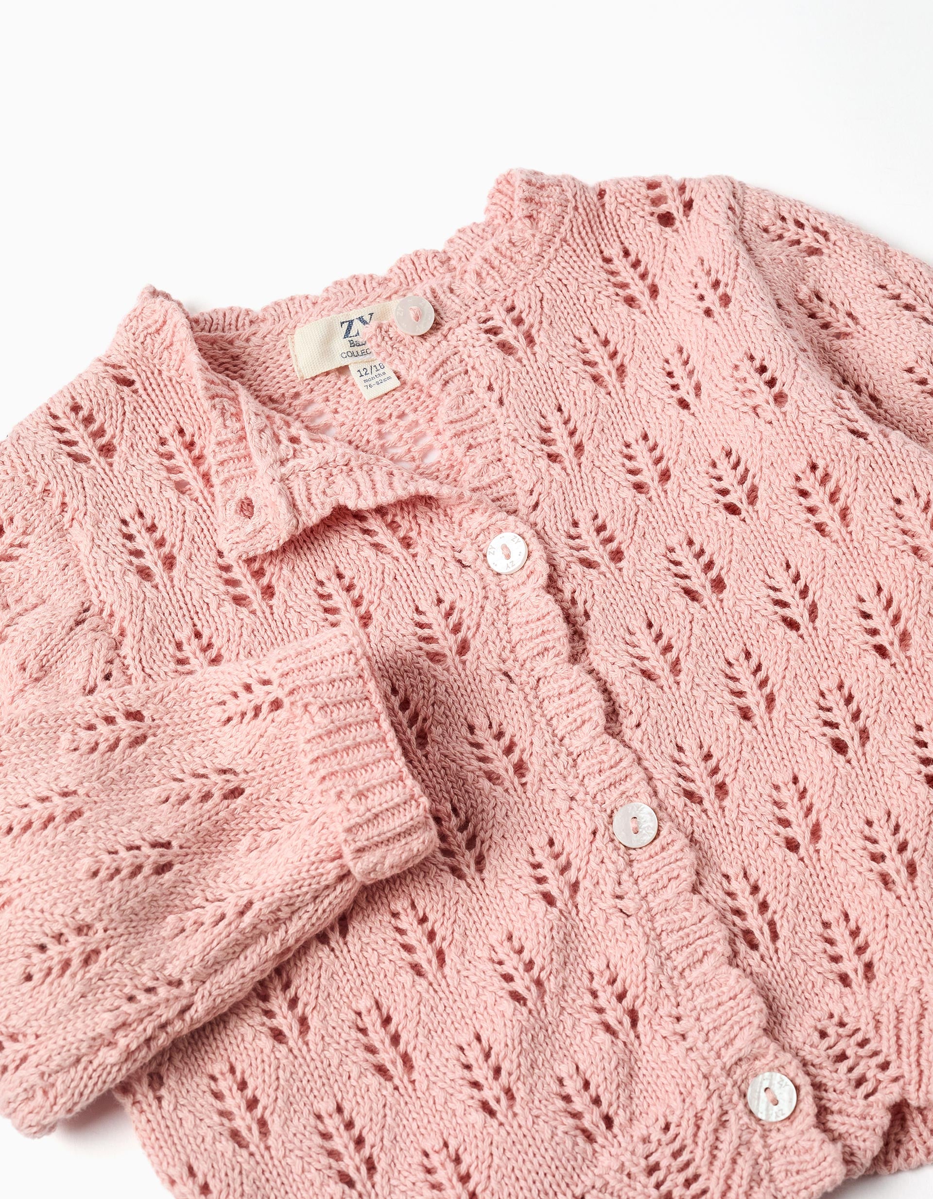 Casaco de malha ajurada com recortes para bebé menina, rosa