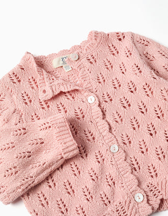 Cotton openwork cardigan with scalloped ends for baby girls, pink