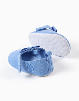 Merceditas Mary Jane de tela con lazo para recién nacida, azul