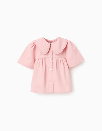 Short sleeve poplin shirt with maxi collar for baby girls, pink