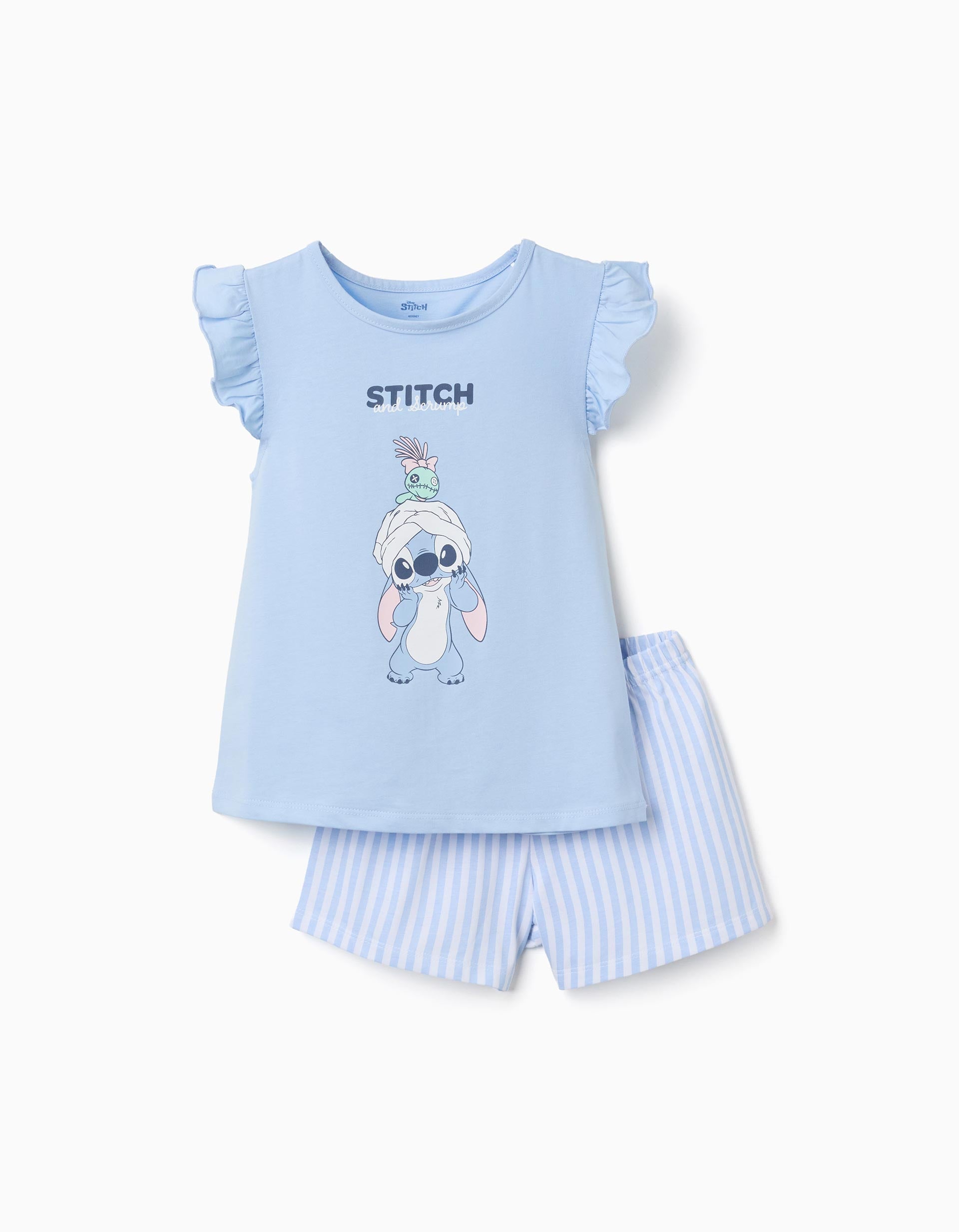 Pyjama court en coton avec imprimé Stitch pour fille, bleu/blanc