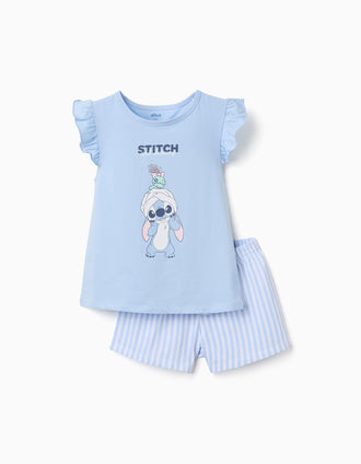 Pyjama court en coton avec imprimé Stitch pour fille, bleu/blanc